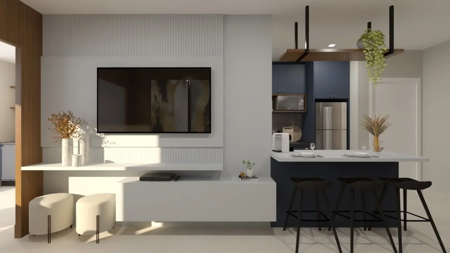 Render 3D de sala e cozinha integradas